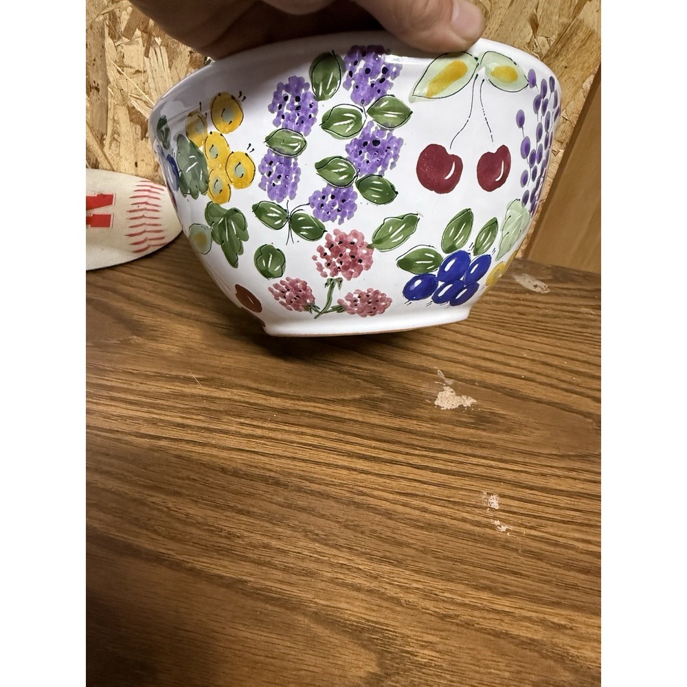 Vintage Mesa International Hungary Hand Painted Fruit Floral Pottery Bowl 9"